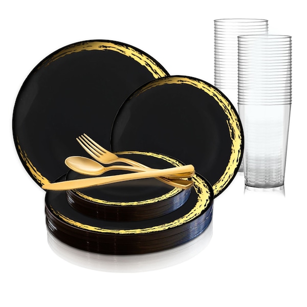 Smarty Had A Party Black with Gold Moonlight Round Disposable Plastic Wedding Value Set, 720PK 960BGVS120 - main